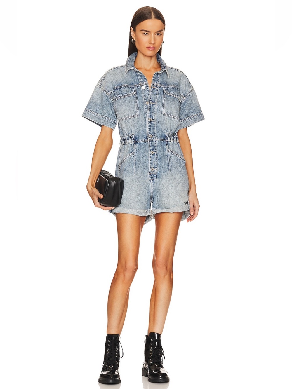 NEW Free People Marci Cuffed Light Wash Denim Short Sleeve Romper